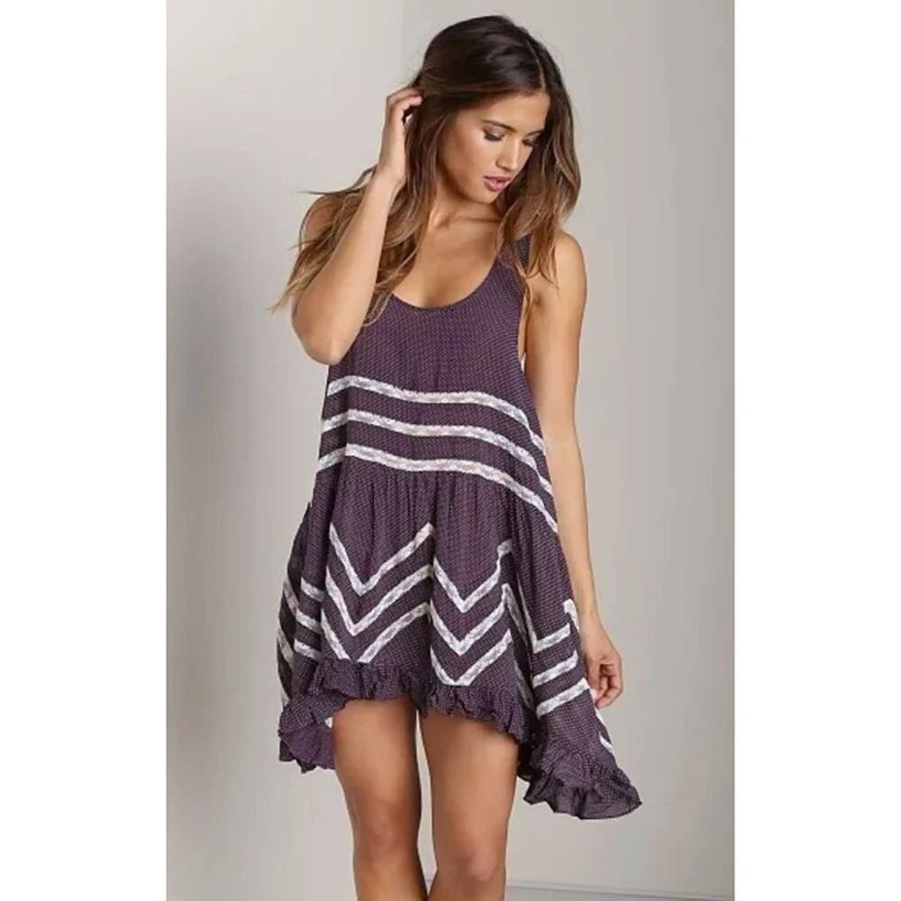 Free People Intimately Purple White Voile Lace Trapeze Polka Dot Slip Dress S
